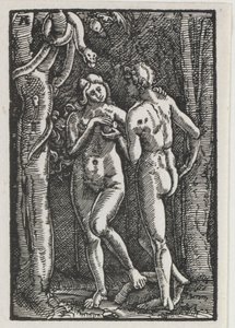 Az ember bukása és megváltása: Ádám és Éva megeszik a tiltott gyümölcsöt, c. 1513. alkotó: Albrecht Altdorfer