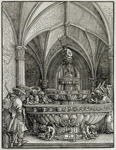 A Szent Családé a szökőkút. A német Albrecht Altdorfer (1480-1538) metszete. Louvre múzeum alkotó: Albrecht Altdorfer