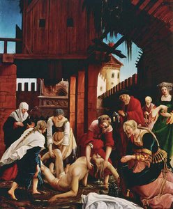 A szent holttestének megtalálása a Cloaca Maximában, a Szent Sebestyén-oltárról alkotó: Albrecht Altdorfer