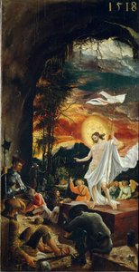 Krisztus feltámadása Keresztbotot tart, melynek végén fehér zászló (standard) lebeg. Albrecht Altdorfer festménye (kb. 1480-1538) 1518 Dim. 70x37 cm Bécsi Kunsthistorisches Museum alkotó: Albrecht Altdorfer