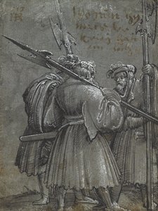 Három éjjeliőr, 1513 (rajz kék szürke papírra) alkotó: Albrecht Altdorfer