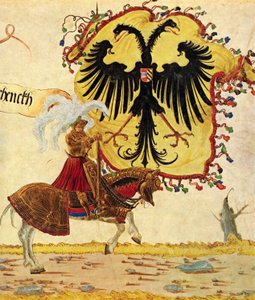 Maximilianus császár diadalmenete, jelenet: császári zászló és kard, részlet alkotó: Albrecht Altdorfer