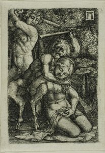 Két szatír harcol egy nimfa felett alkotó: Albrecht Altdorfer