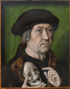 Autoportré avec un crane – Önarckép koponyával, Bouts, Aelbrecht (Albert) (1451/54-1549). Olaj, fa, c. 1520. Mérete : 42,6x33 cm. Muzeul National Brukenthal, Nagyszeben
