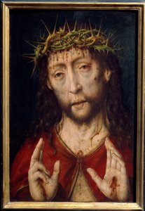 A fájdalom Krisztusa. Krisztus arca véres sebekkel a töviskorona mellett, stigmákkal a tenyerekben. Albrecht Bouts festménye (v.1455-1549) Ec. Hol.