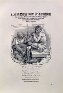 Krisztust gúnyoló római katona, fölötte a művész neve latinul, alatta az embert bűneiért szidó vers, a Nagy Passió című sorozat címlapja, pub. 1511 alkotó: Albrecht Dürer