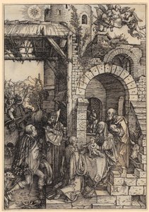 A királyok imádása, a „Mária élete” sorozat 12. lapja alkotó: Albrecht Dürer