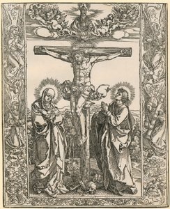 Keresztre feszített Krisztus angyalokkal körülvett kerettel alkotó: Albrecht Dürer