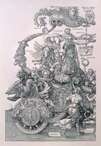 I. Maximilianus császár nagy diadalszekerének terve: Willibald Pirckheimer tervei alapján készült részlet, amely az erényeket mutatja be, amint koszorút helyeznek a császár fejére. 1518 körül alkotó: Albrecht Dürer