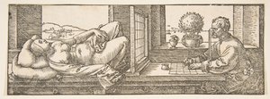 Tervező perspektivikus rajzot készít egy fekvő nőről, kb. 1600. alkotó: Albrecht Dürer