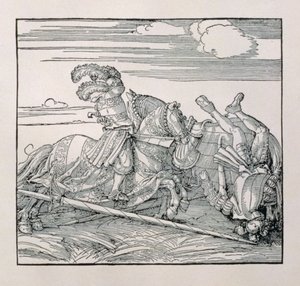 I. Maximilian német császár (1459-1519) egy tornákon leváltja ellenfelét egy kiadatlan könyvből, amely a császárok lovagi tetteit dicsőíti, 1515 körül alkotó: Albrecht Dürer