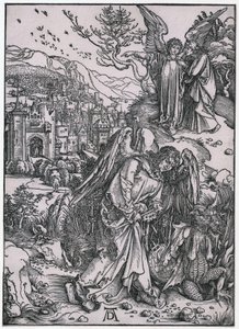 Az alvilág kulcsát tartó angyal, XIV. alak, a „Jelenések könyve” sorozat 16. lapja alkotó: Albrecht Dürer