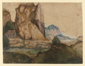 Dombos táj, magas sziklák között álló kápolnával alkotó: Albrecht Dürer