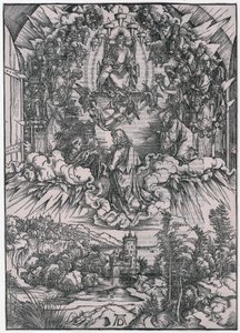 János Isten Atya és a vének előtt, II. alak, a „Jelenések” sorozat 4. lapja alkotó: Albrecht Dürer