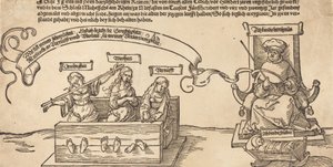 Igazságosság, igazság és értelem a készletekben az ülő bíróval és az alvó jámborsággal, valószínűleg 1526-ban. alkotó: Albrecht Dürer
