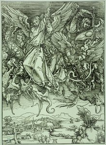 A Jelenések könyve (latin kiadás): Szent Mihály legyőzi a sárkányt (Bartsch 72) alkotó: Albrecht Dürer