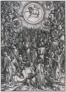 A kiválasztottak dicsőítő éneke a mennyben / A Bárány imádása, XII. alak, 14. lap a „Jelenések könyve” sorozatból alkotó: Albrecht Dürer