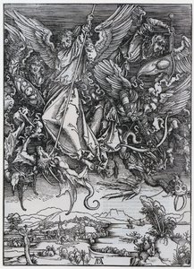 Mihály harca a sárkánnyal, X. alak, a „Jelenések” sorozat 12. lapja alkotó: Albrecht Dürer