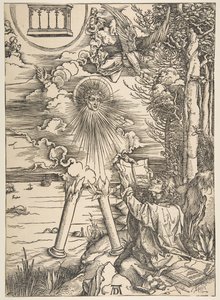 Szent János lenyeli a könyvet, az Apokalipszisből, latin kiadás, 1511, 1511. alkotó: Albrecht Dürer