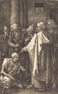Szent Péter és Szent János egy nyomorékot gyógyít a templom kapujában, 1513. alkotó: Albrecht Dürer