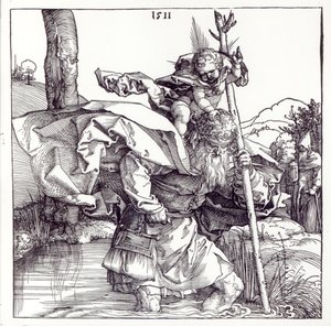 Szent Kristóf, aki a csecsemő Krisztust hordozza, 1511 (fametszet) (bw fotó) alkotó: Albrecht Dürer