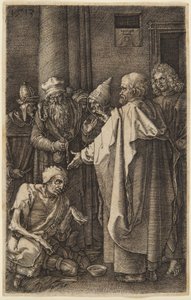 Szent Péter és Szent János meggyógyítja a nyomorékot  (16. szám a „Kivésett Passió” sorozatból) alkotó: Albrecht Dürer
