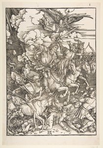 A négy lovas, az Apokalipszisből, latin kiadás, 1511, kb. 1511. alkotó: Albrecht Dürer