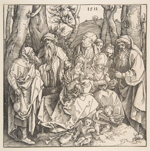 A Szent Család szentekkel és két muzsikus angyallal, 1511. alkotó: Albrecht Dürer