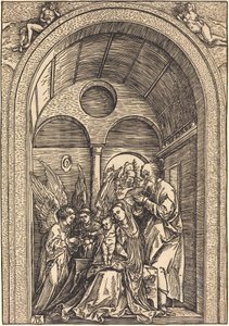 A Szent Család két angyallal egy boltíves teremben alkotó: Albrecht Dürer
