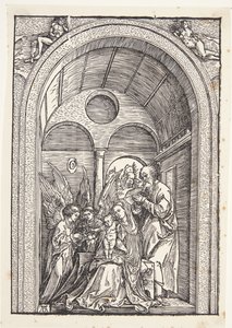 A Szent Család két angyallal egy boltíves teremben alkotó: Albrecht Dürer