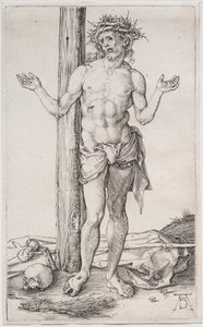 A bánat embere áll, felemelt kézzel alkotó: Albrecht Dürer