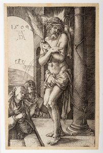 A Fájdalmas ember az oszlopnál a Szűzanyával és Szent Jánossal, a "Metszett passió"-ból. alkotó: Albrecht Dürer