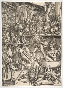 Szent János vértanúsága, Az Apokalipszisből, latin kiadás, 1511, kb. 1496. alkotó: Albrecht Dürer