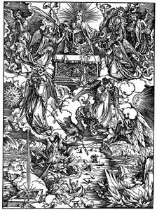 A hetedik pecsét felnyitása, A hét angyal trombitákkal, 1498, 1936 alkotó: Albrecht Dürer