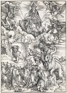A hétfejű fenevad és a bárányszarvú fenevad, Szent János Apokalipsziséből, 1496-98. alkotó: Albrecht Dürer