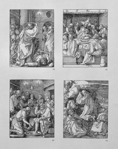 A „Kis szenvedély” sorozat: (az óramutató járásával megegyező irányban) Krisztus kiűzi a pénzváltókat a templomból; az utolsó vacsora; Krisztus, aki megmosta Péter lábát; Agónia a kertben, kocsma.1511