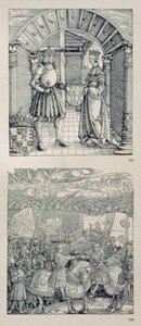 I. Maximilianus német császár diadalíve (1459-1519): a bal oldali portál felett elhelyezett két tábla részlete, amelyek I. Maximiliánt és első feleségét, Burgundi Máriát (1457-82) ábrázolják (felül). alkotó: Albrecht Dürer