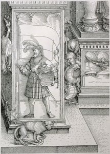 I. Maximilian német császár diadalíve 1459-1519: a portál oszlopalapjának részlete, amelyen egy etalont és koronás címert hordozó férfialak faragott domborműve látható, kocsma. 151718 woodc alkotó: Albrecht Dürer