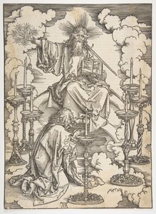 A hét gyertyatartó látomása, az Apokalipszisből, német kiadás 1498, kb. 1498. alkotó: Albrecht Dürer