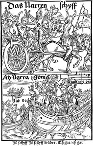 Sebastian Brant Bolondok Hajójának egyik kiadásának címlapja, 1494. alkotó: Albrecht Dürer