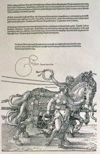 I. Maximilian német császár (1459-1519) diadalszekere: a lovascsapatok részlete, két erény, a Gondviselés és a Mérséklet által irányítva, kocsma. 1518 körül (fametszet) alkotó: Albrecht Dürer