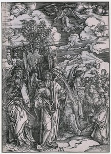 Négy angyal, akik visszatartják a szeleket / A kiválasztottak megpecsételése, V. alak, a „Jelenések” sorozat 7. lapja alkotó: Albrecht Dürer