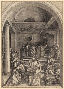 A tizenkét éves Jézus a templomban, a „Mária élete” című sorozat 16. lapja alkotó: Albrecht Dürer