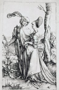 Egy házaspár sétál, akiket a fa mögé rejtett Halál figyel, homokórát tartva). Albrecht Durer (1471-1528) metszete 1496-1498 Dim. 19x12 cm Berlin, gravírozott szekrény alkotó: Albrecht Dürer