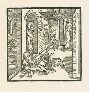 Egy kötélverő meglát egy szerzetest, amint elhagyja hűtlen felesége kamráját. alkotó: Albrecht Dürer or Duerer