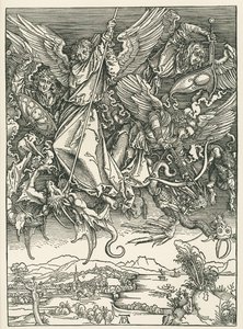 Mihály arkangyal harcol a sárkánnyal. Szent János Jelenései, 1498 körül (fametszet) alkotó: Albrecht Dürer or Duerer