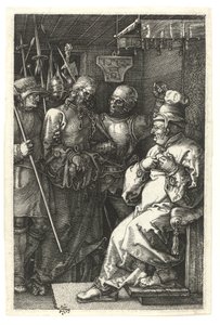 Krisztus Kajafás előtt. 1512 (Burin-metszet rézre) alkotó: Albrecht Dürer