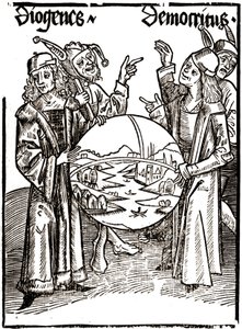 Diogenes (-413 - -327) és Démokritosz (-460 - -370) - Sébastien Brandt (1458 - 1521) "" Das Narrenschif (A bolondok hajója)" című művében. Metszés. alkotó: Albrecht Dürer