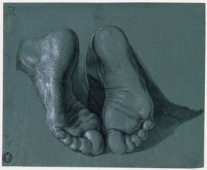 Etude de pieds - Tanulmány a két lábról - Albrecht Durer (1471-1528) rajza, Akvarell, fehér színű, fekete kréta papíron, c1508 (17,6x21,6 cm) - Boijmans Van Beuningen Múzeum, Rotterdam alkotó: Albrecht Dürer