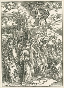 Négy angyal, akik a szeleket és a Kiválasztottak aláírását tartják. Szent János Jelenései, 1497-98 körül (fametszet) alkotó: Albrecht Dürer or Duerer